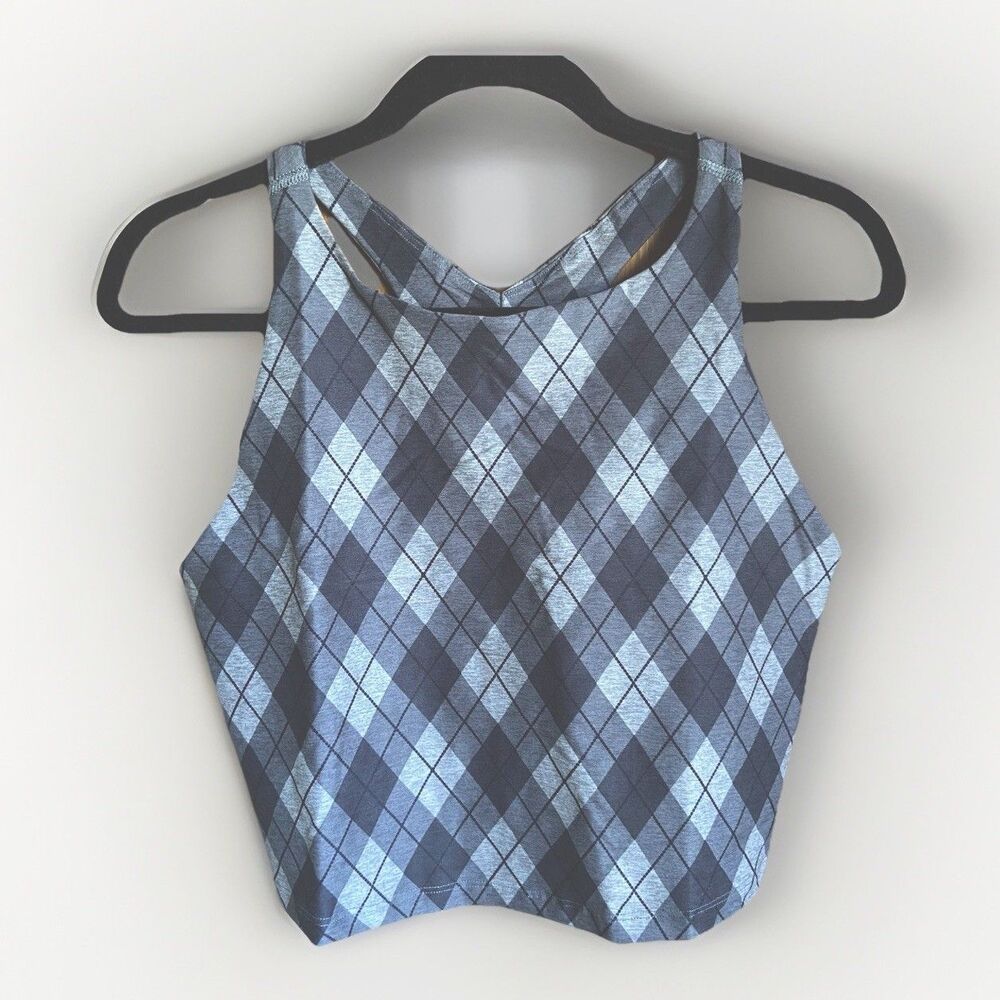 Beyond Yoga Softmark Refocus Cropped Tank Top Sz XL Ash Gray Black Argyle Plaid